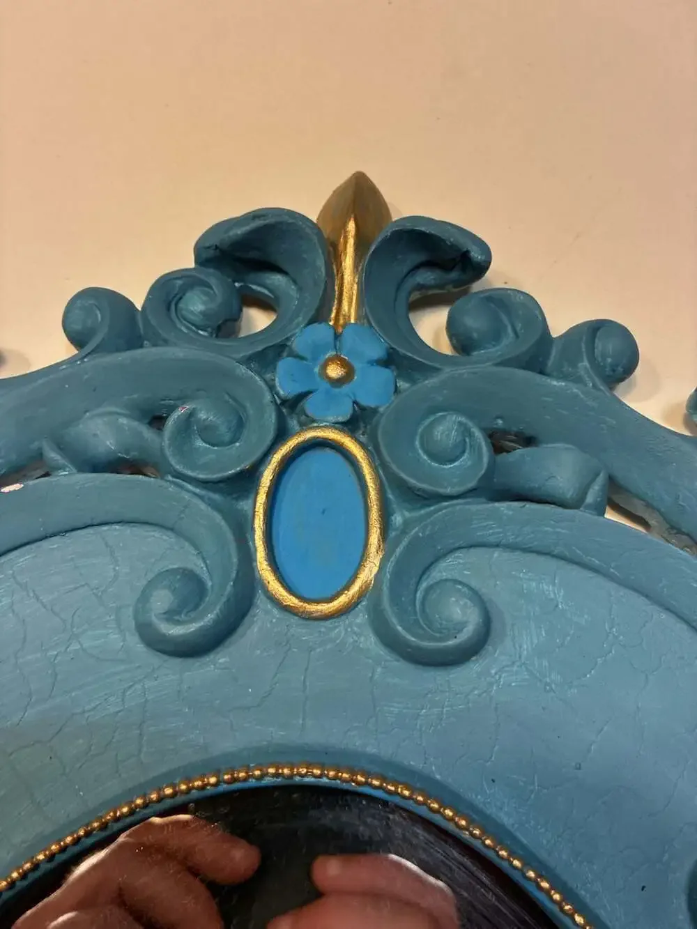 Vintage Decoline Ornate Blue and Gold Scrollwork Oval Wall Mirror Hand Painted